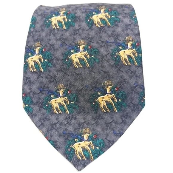 Rudolph Company | Men's Gray Reindeer & Mistletoe Print Christmas or Holiday Tie - Picture 1 of 10